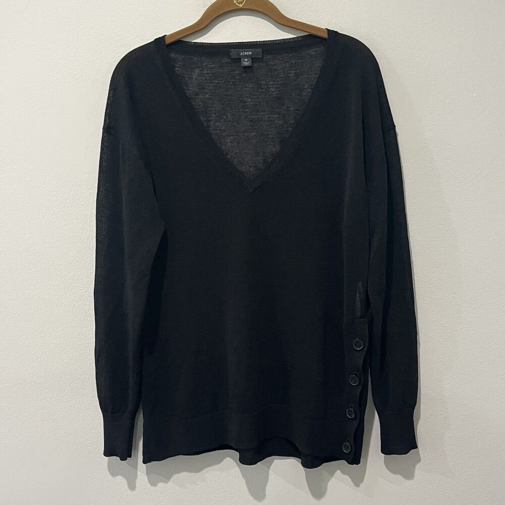 J.CREW Sweater Womens Medium Black Sheer Linen Blend V-Neck Side Buttons Preppy